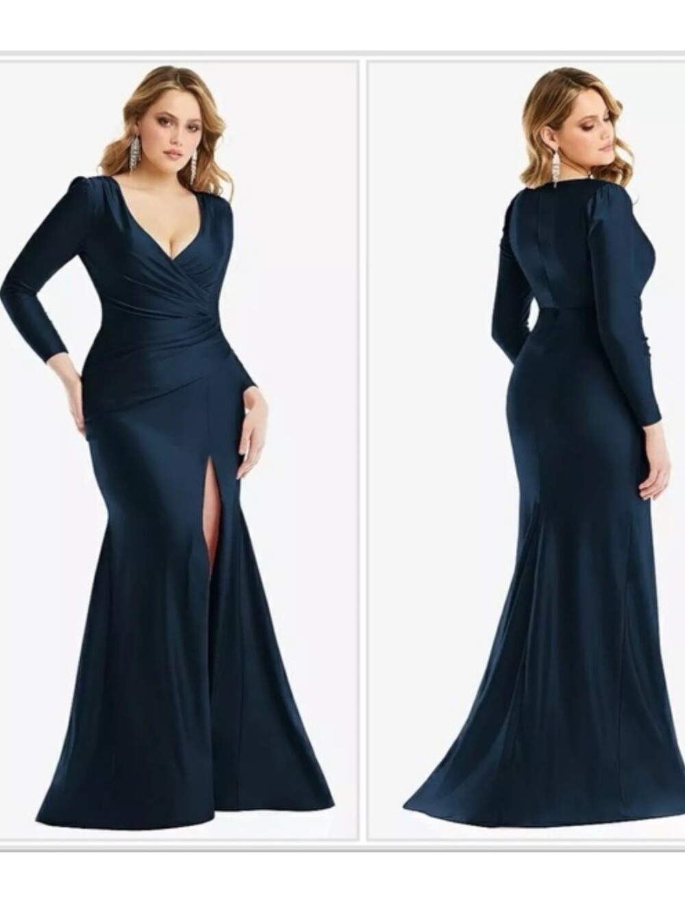 Cynthia & Sahar Luxe Stretch Satin  Maxi Gown Dress In Midnight Blue Size L